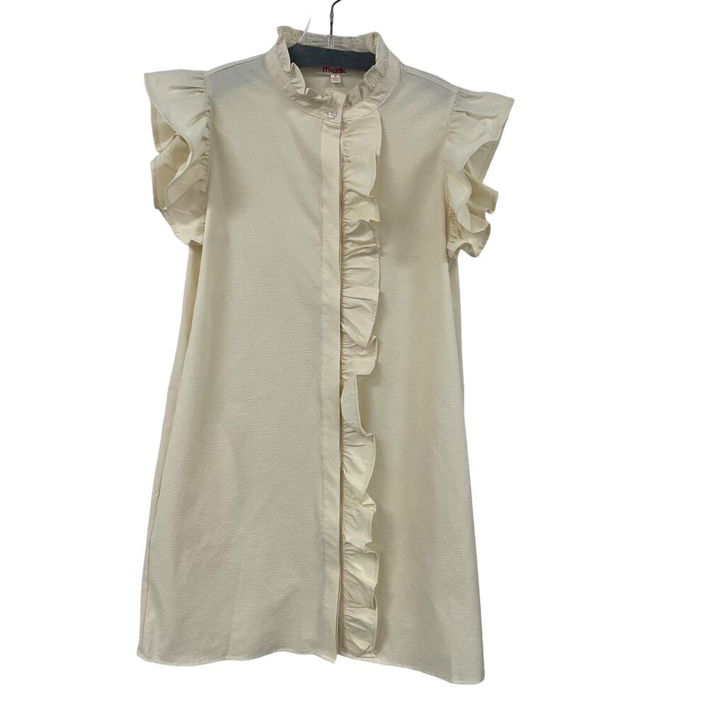 Mazik Button Front Light Yellow Ruffle Sleeve Mini Dress Womens Medium